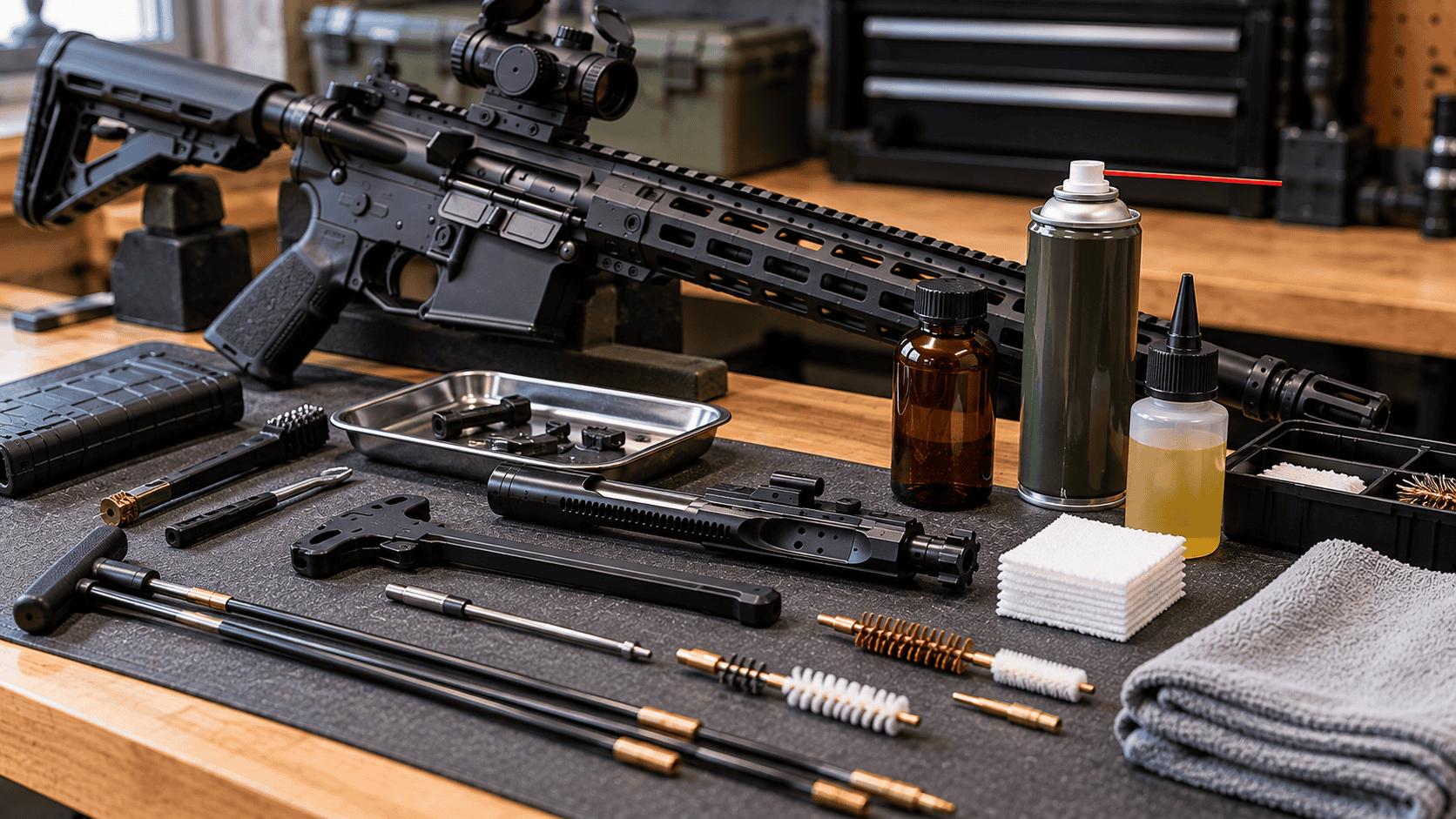 AR-15 maintenance setup with bolt carrier group, cleaning brushes, rods, patches, solvent and lubricant on a workbench